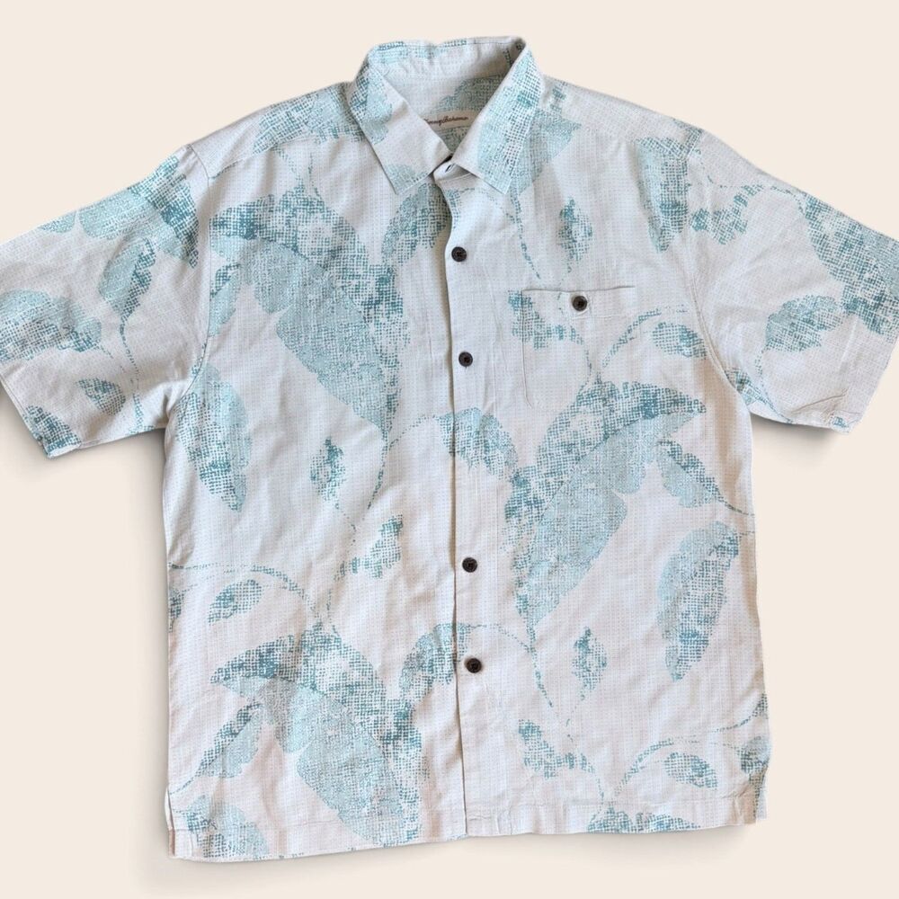 Tommy Bahama Men’s XL 100% Silk Hawaiian Shirt Ivory Blue Tropical Short Sleeve